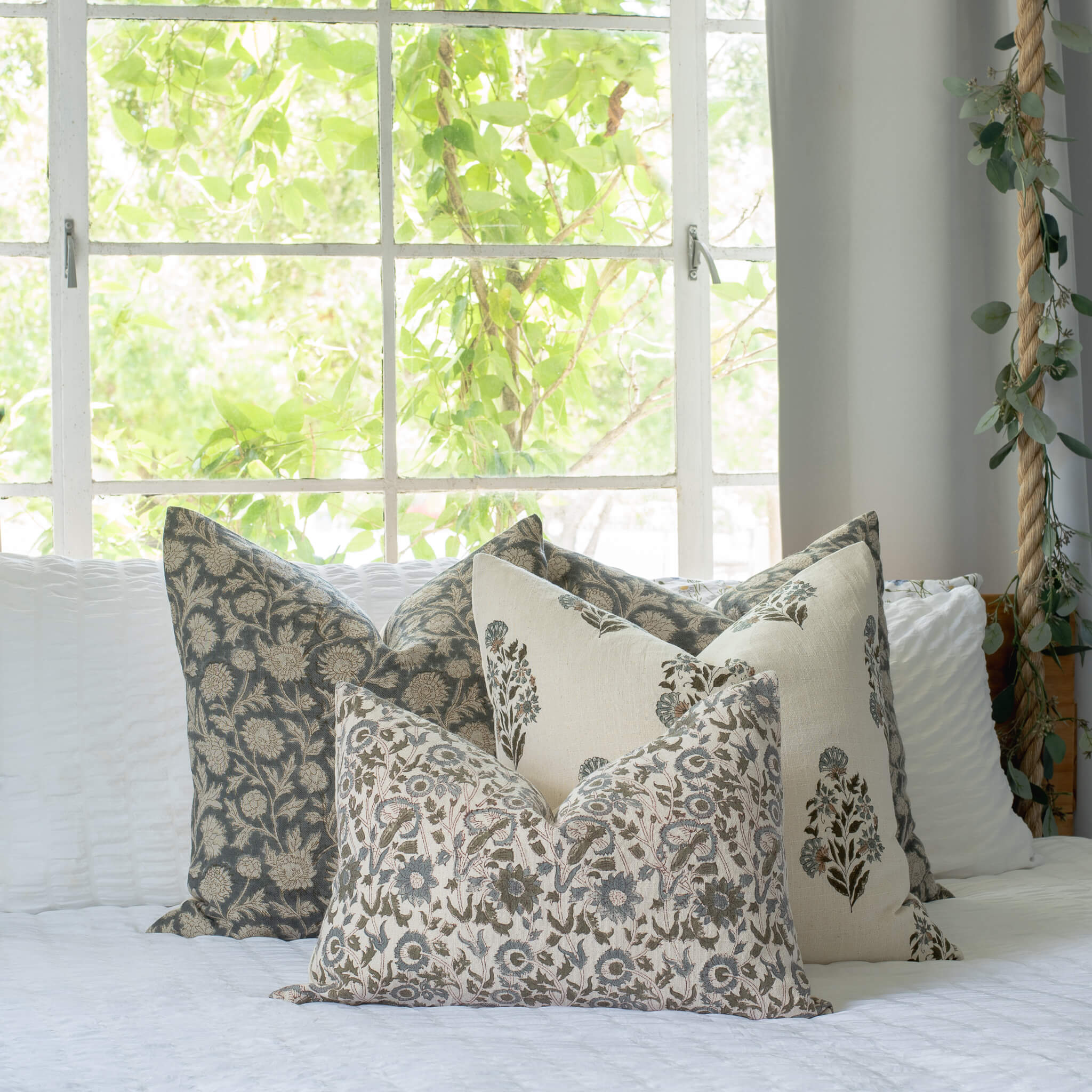 Mirelle Floral Block Printed Pillow Cover | Blue, Green, Burgundy | Lumbar - Image 4