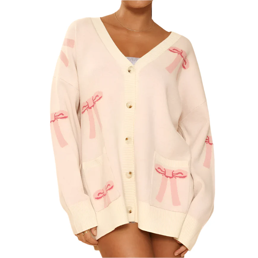 All Over Coquette Bow Knit Cardigan in Blue or Pink [Size Options: SM-XL] - Image 3