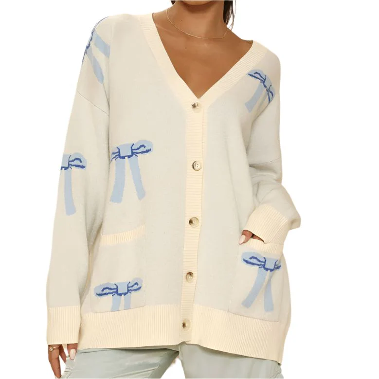 All Over Coquette Bow Knit Cardigan in Blue or Pink [Size Options: SM-XL] - Image 4