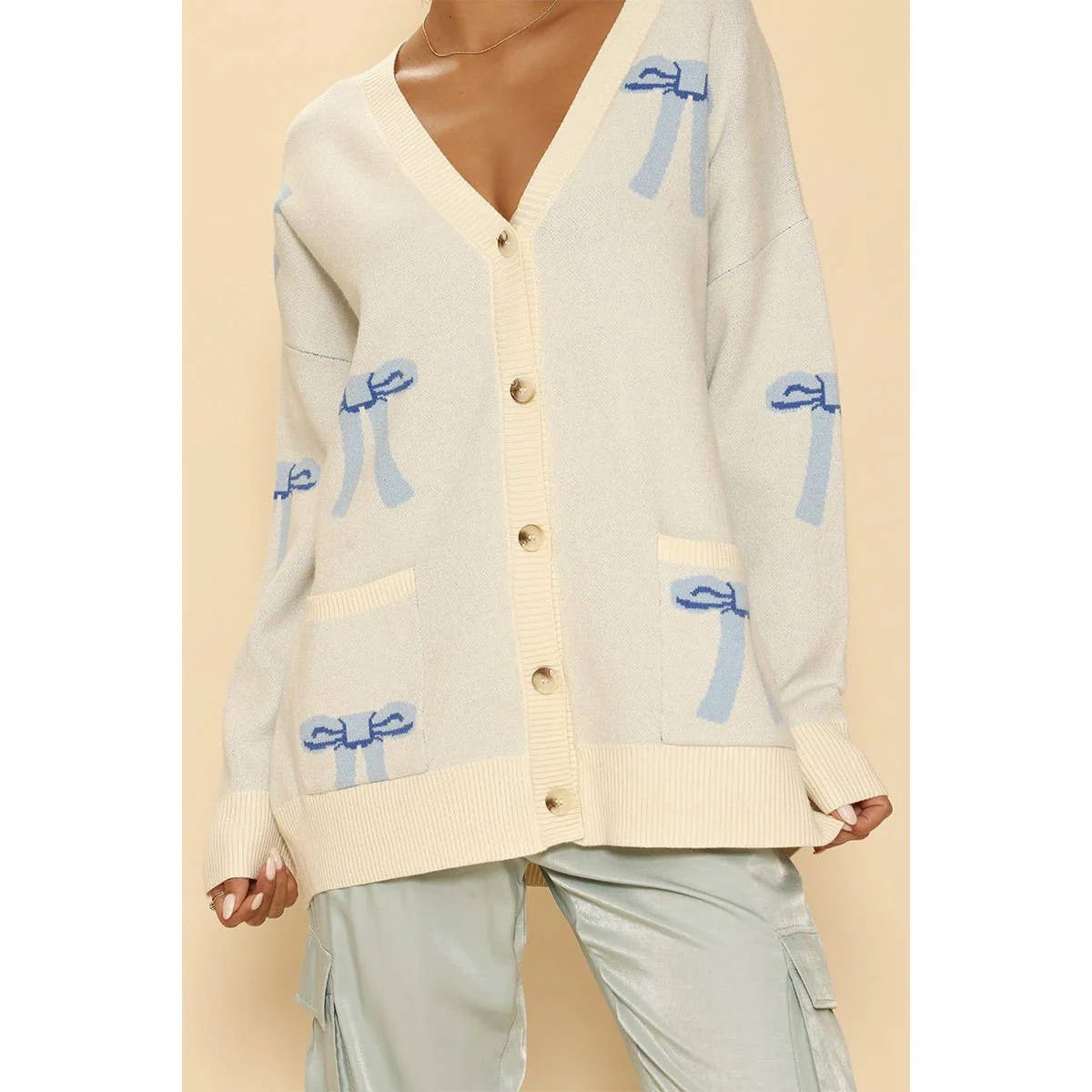 All Over Coquette Bow Knit Cardigan in Blue or Pink [Size Options: SM-XL] - Image 8
