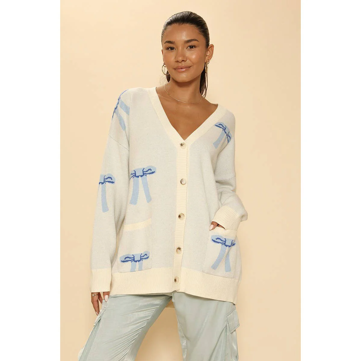 All Over Coquette Bow Knit Cardigan in Blue or Pink [Size Options: SM-XL] - Image 9