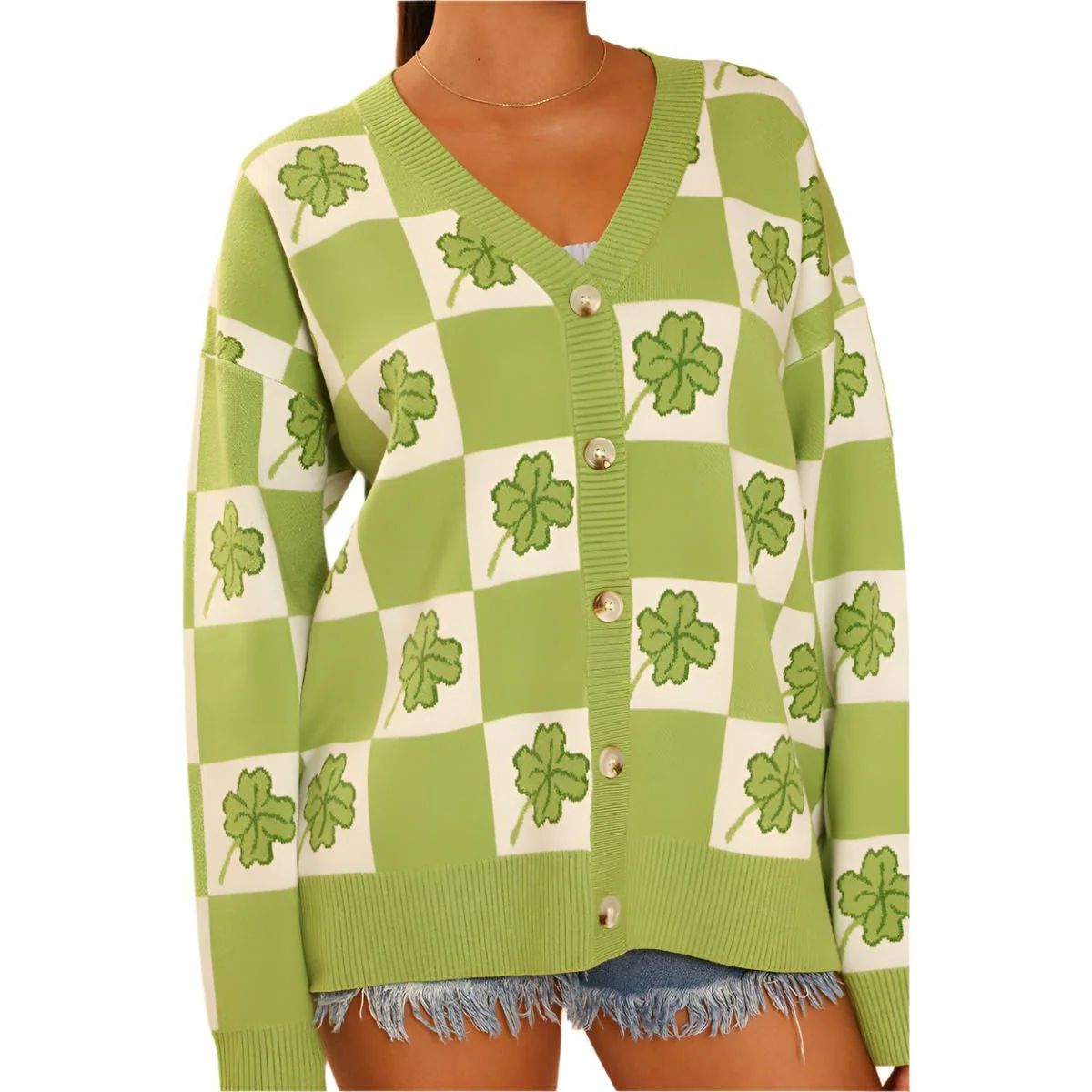 Shamrock Checkered Cardigan in Green and White [Available in SM-XL] - Image 2