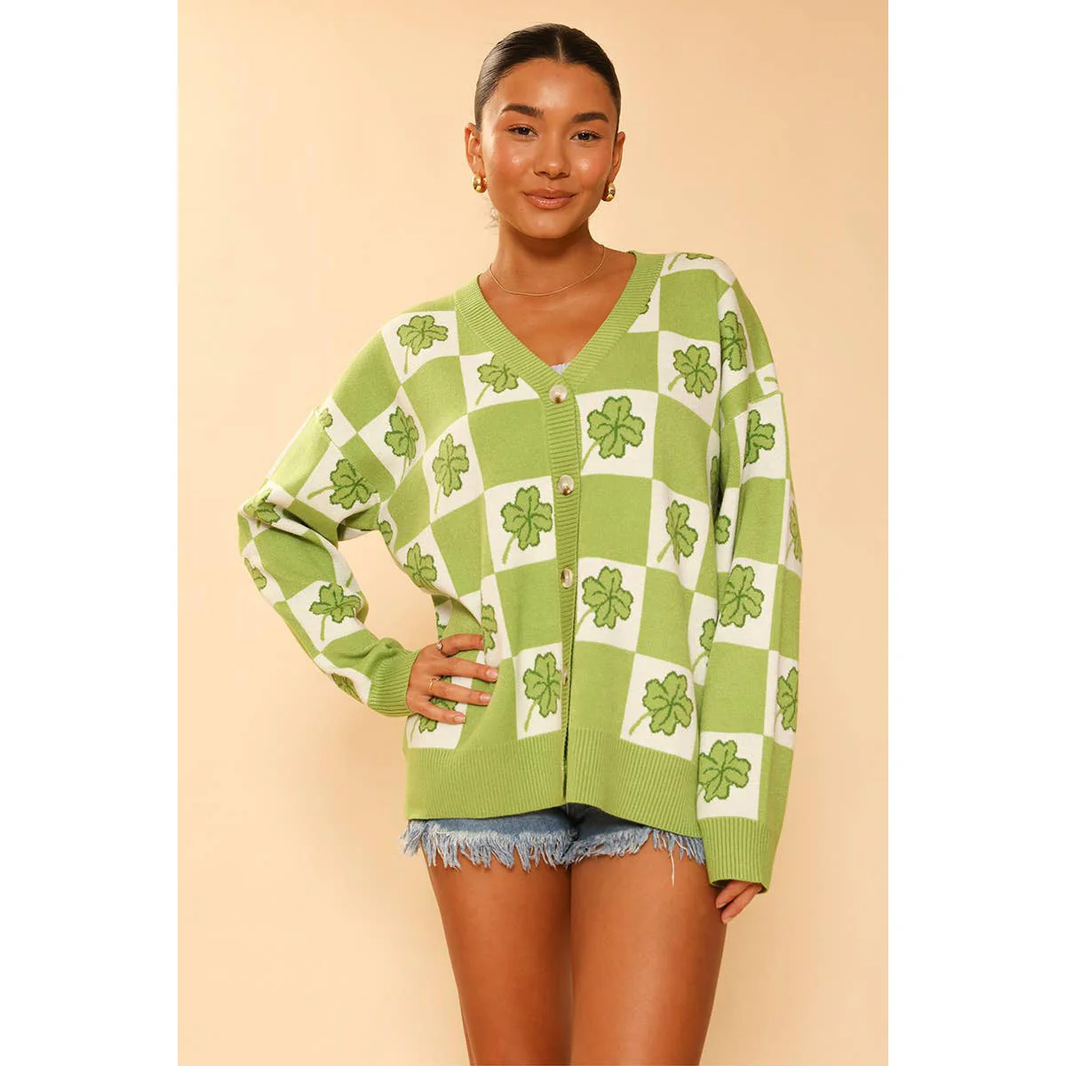 Shamrock Checkered Cardigan in Green and White [Available in SM-XL] - Image 3