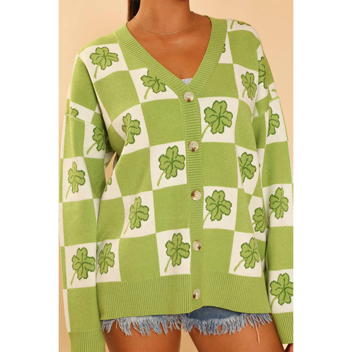 Shamrock Checkered Cardigan in Green and White [Available in SM-XL] - Image 6