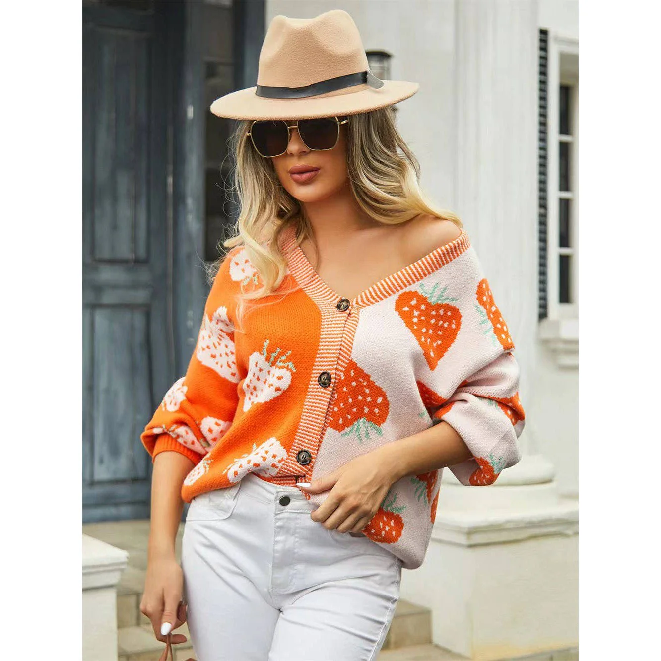Strawberry Cardigan in Orange | Two-Tone All-Over Pattern [Available in SM-XL] - Image 3