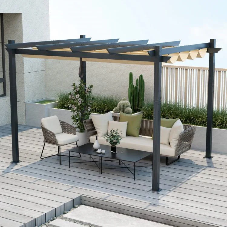Modern 10 x 12 Ft Outdoor Sturdy Pergola Gazebo with Retractable Beige Canopy - Image 2