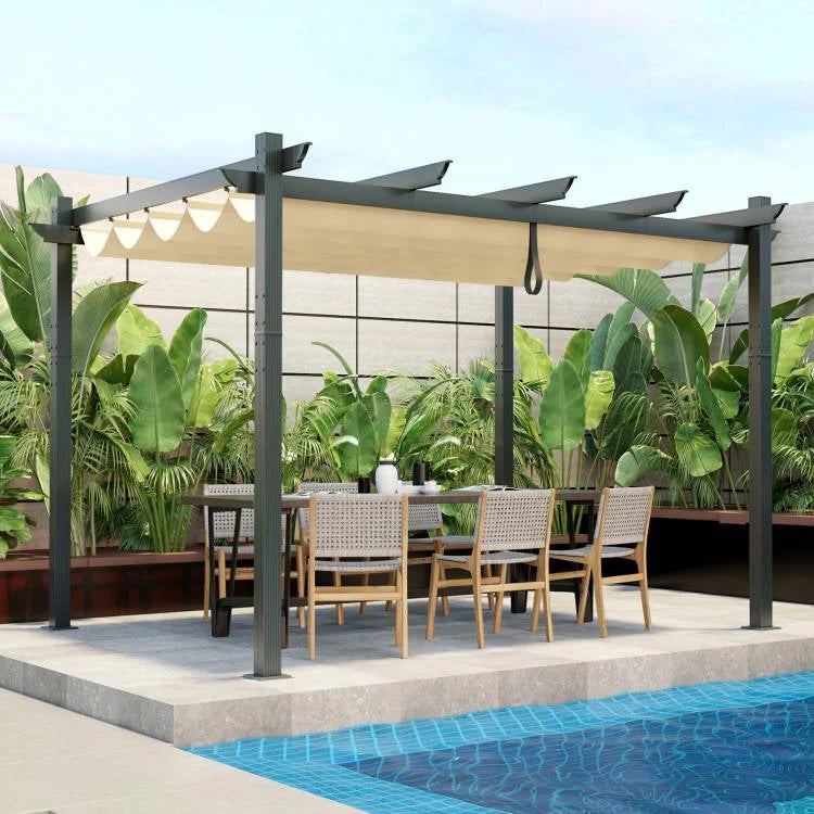 Modern 10 x 12 Ft Outdoor Sturdy Pergola Gazebo with Retractable Beige Canopy - Image 3