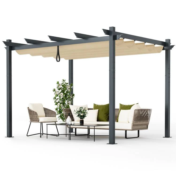 Modern 10 x 12 Ft Outdoor Sturdy Pergola Gazebo with Retractable Beige Canopy - Image 4