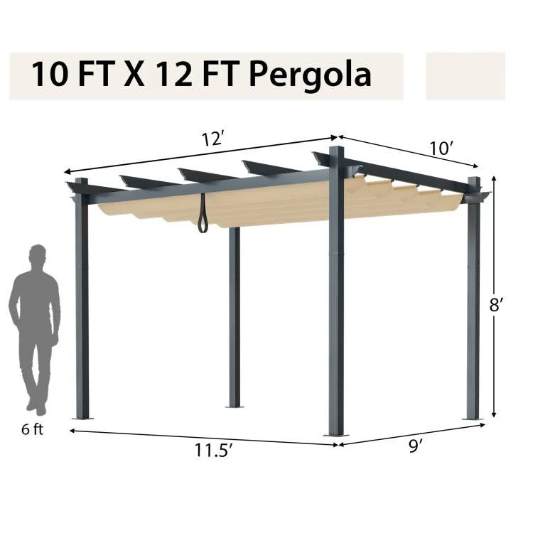 Modern 10 x 12 Ft Outdoor Sturdy Pergola Gazebo with Retractable Beige Canopy - Image 5