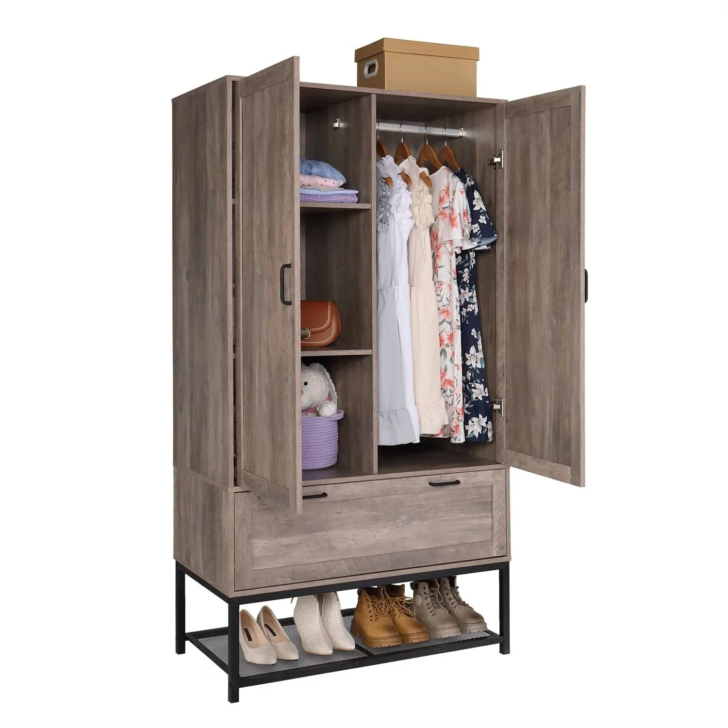 Modern 2-Door Bedroom Wardrobe Cabinet Armoire Shoe Rack in Retro Grey Finish - Image 2