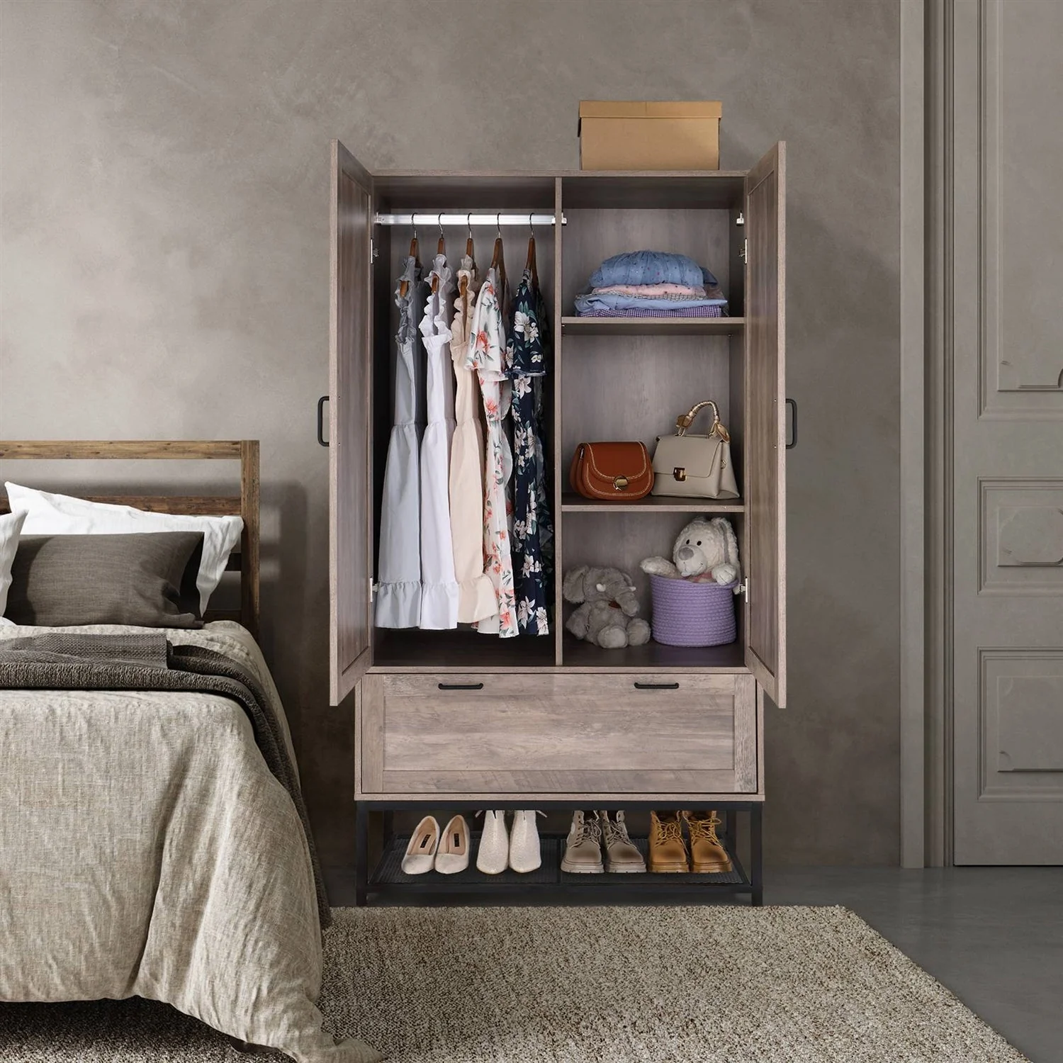 Modern 2-Door Bedroom Wardrobe Cabinet Armoire Shoe Rack in Retro Grey Finish - Image 3