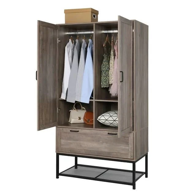 Modern 2-Door Bedroom Wardrobe Cabinet Armoire Shoe Rack in Retro Grey Finish - Image 4
