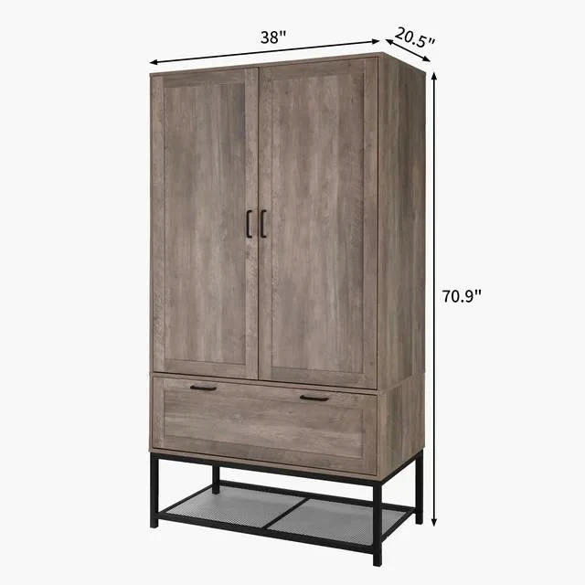 Modern 2-Door Bedroom Wardrobe Cabinet Armoire Shoe Rack in Retro Grey Finish - Image 5