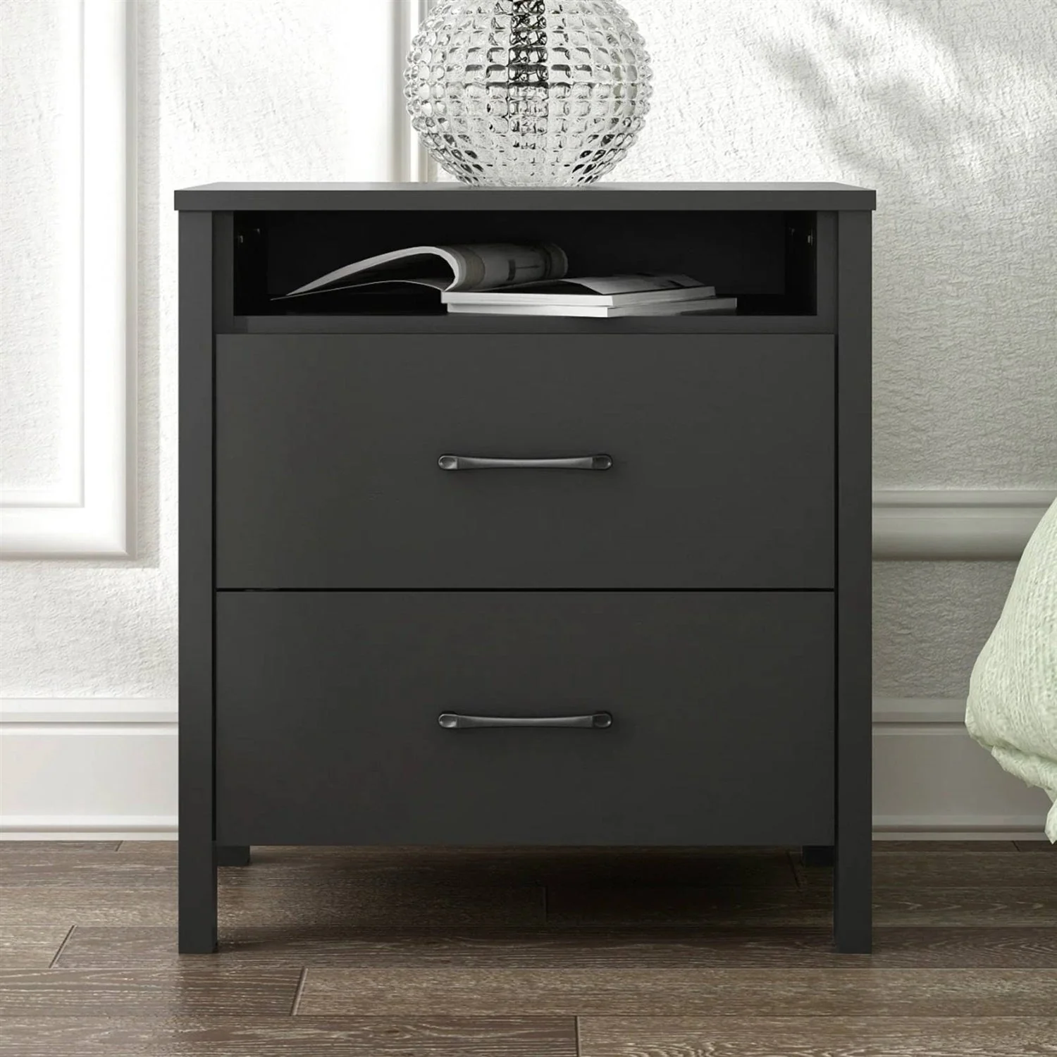 Modern 2-Drawer Nightstand Bedside Table in Black Wood Finish - Image 2