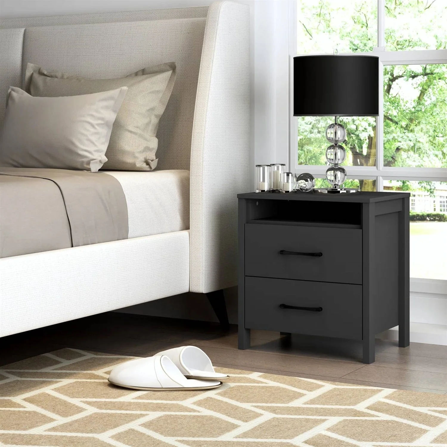Modern 2-Drawer Nightstand Bedside Table in Black Wood Finish - Image 3