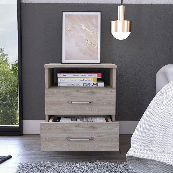 Modern 2-Drawer Nightstand with Open Shelf in Beige Wood Finish - Image 2