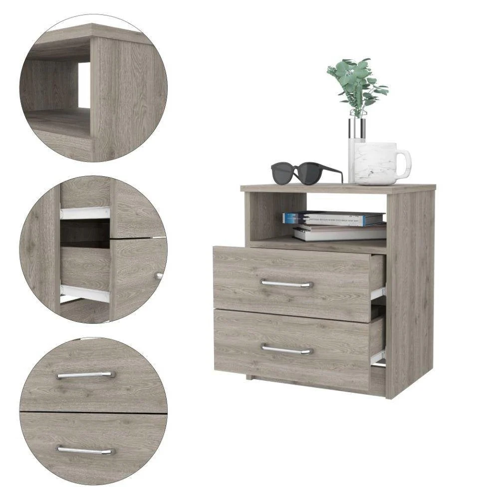 Modern 2-Drawer Nightstand with Open Shelf in Beige Wood Finish - Image 3