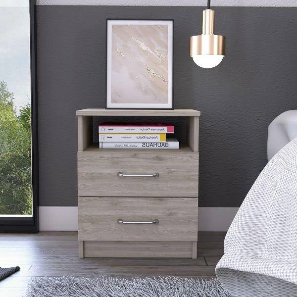 Modern 2-Drawer Nightstand with Open Shelf in Beige Wood Finish - Image 4