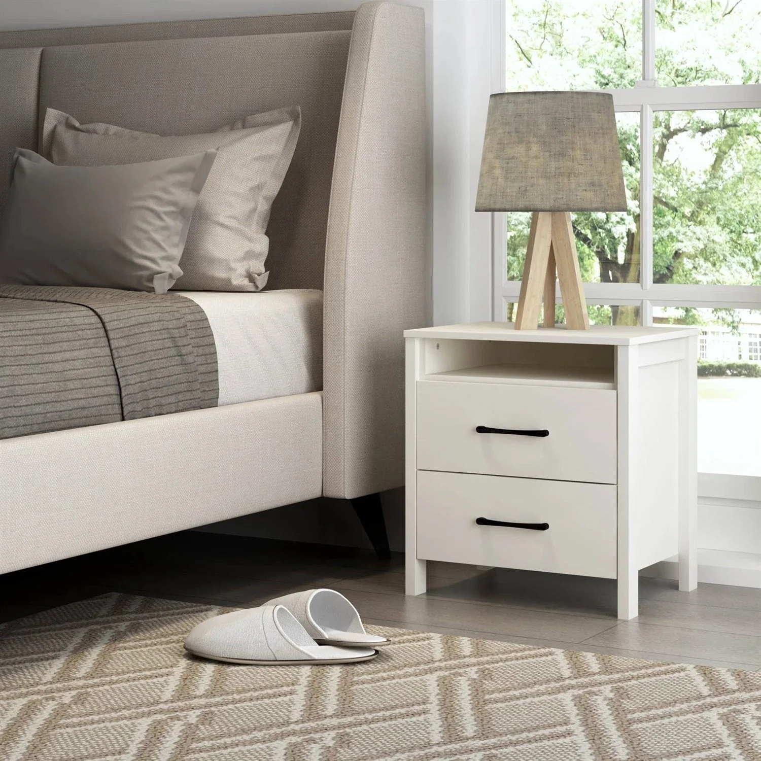 Modern 2-Drawer Nightstand with Open Shelf in Ivory Wood Finish - Image 2