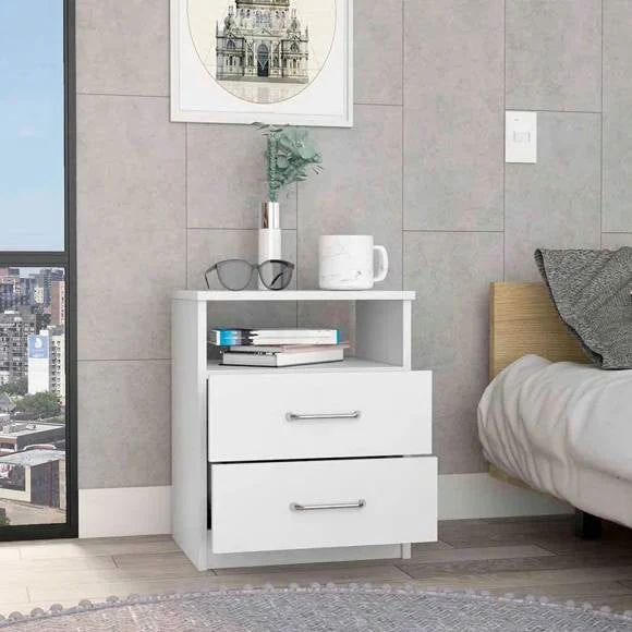 Modern 2-Drawer Nightstand with Open Shelf in White Wood Finish - Image 2