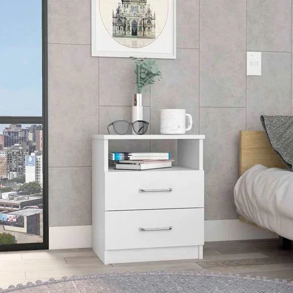 Modern 2-Drawer Nightstand with Open Shelf in White Wood Finish - Image 4
