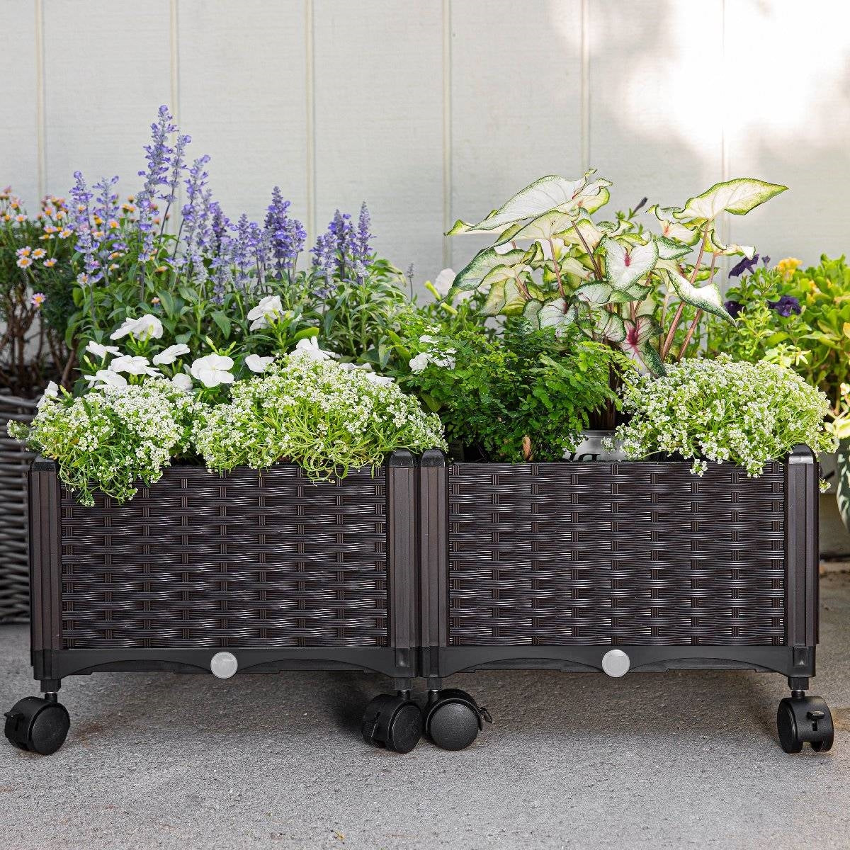 Modern 2-Piece Indoor Outdoor Raised Garden Planter Box on Wheels in PP Rattan - Image 3