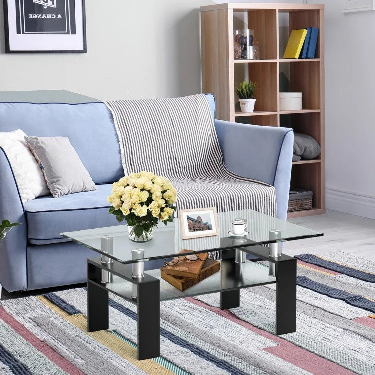 Modern 2 Tier Glass Coffee Table with Black Metal Legs - Image 2