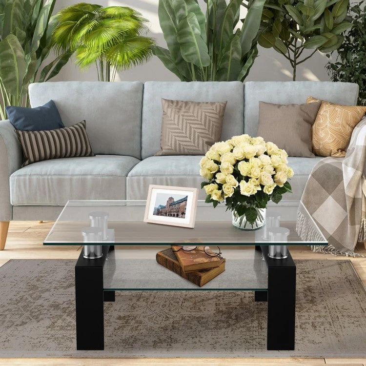 Modern 2 Tier Glass Coffee Table with Black Metal Legs - Image 3