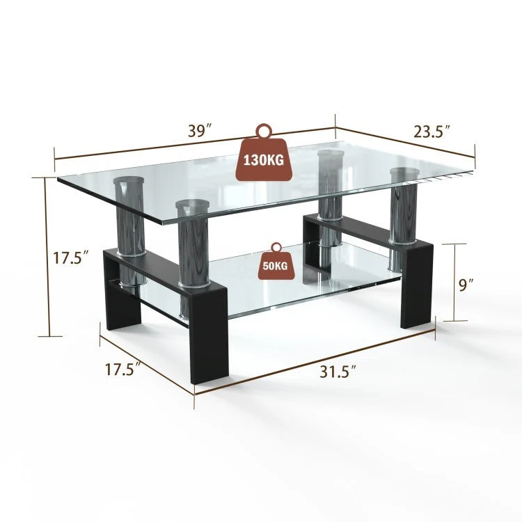 Modern 2 Tier Glass Coffee Table with Black Metal Legs - Image 5