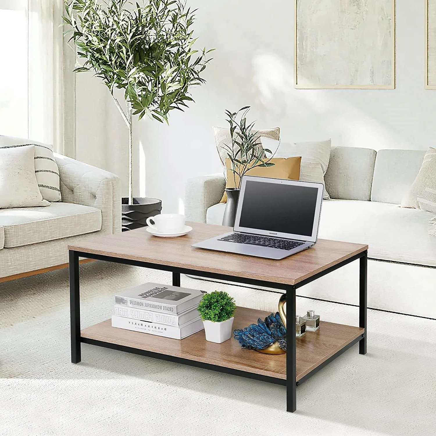 Modern 2-Tier Metal Wooden Coffee Table in Natural Wood Finish - Image 2