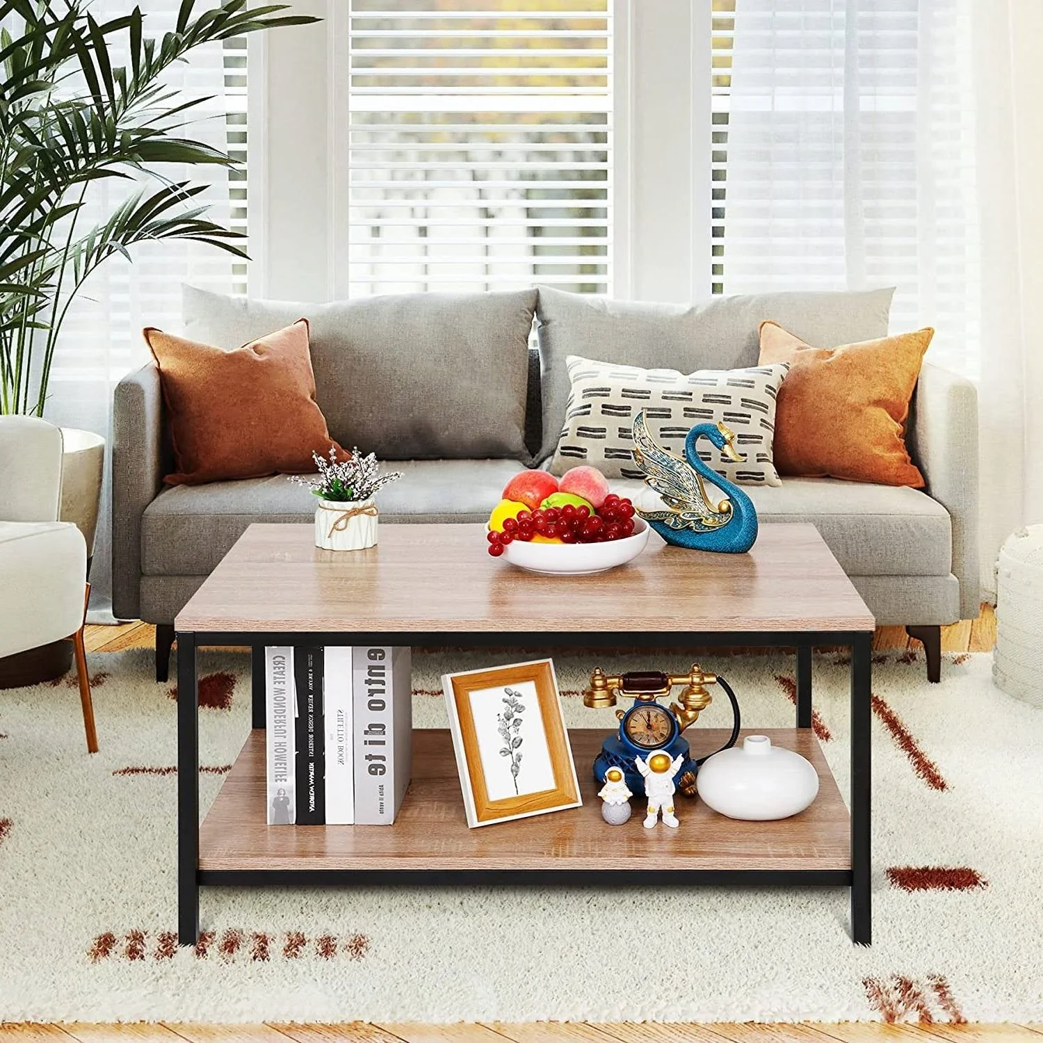 Modern 2-Tier Metal Wooden Coffee Table in Natural Wood Finish - Image 3