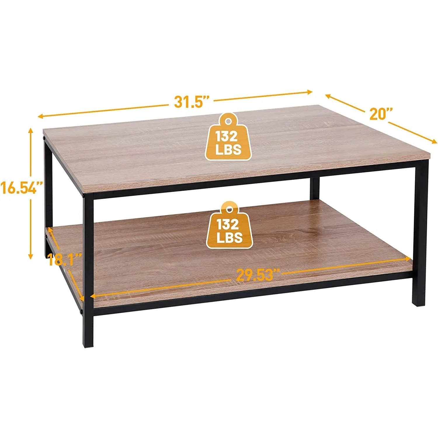Modern 2-Tier Metal Wooden Coffee Table in Natural Wood Finish - Image 4