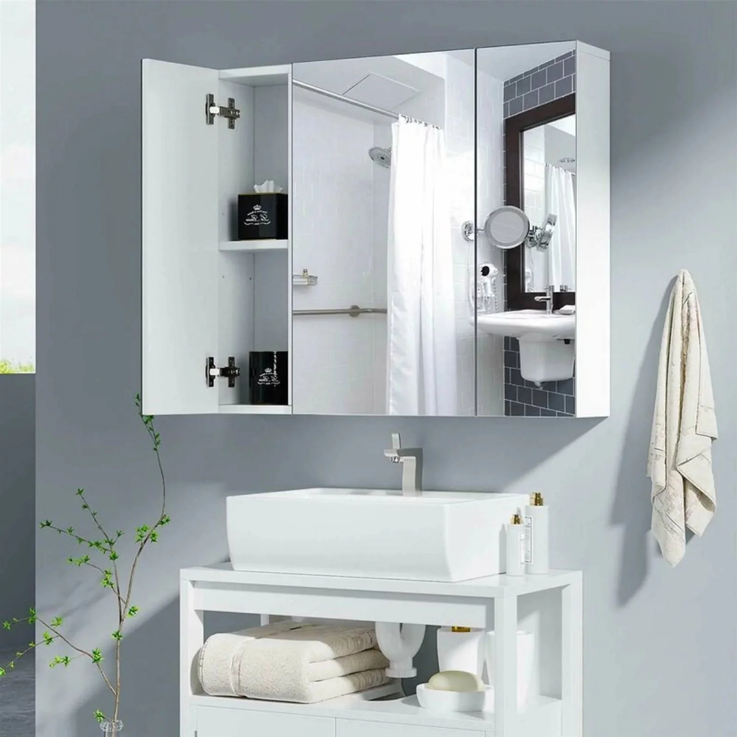 Modern 3-Door Wall Mounted Medicine Cabinet Bathroom Mirror Cupboard - Image 3