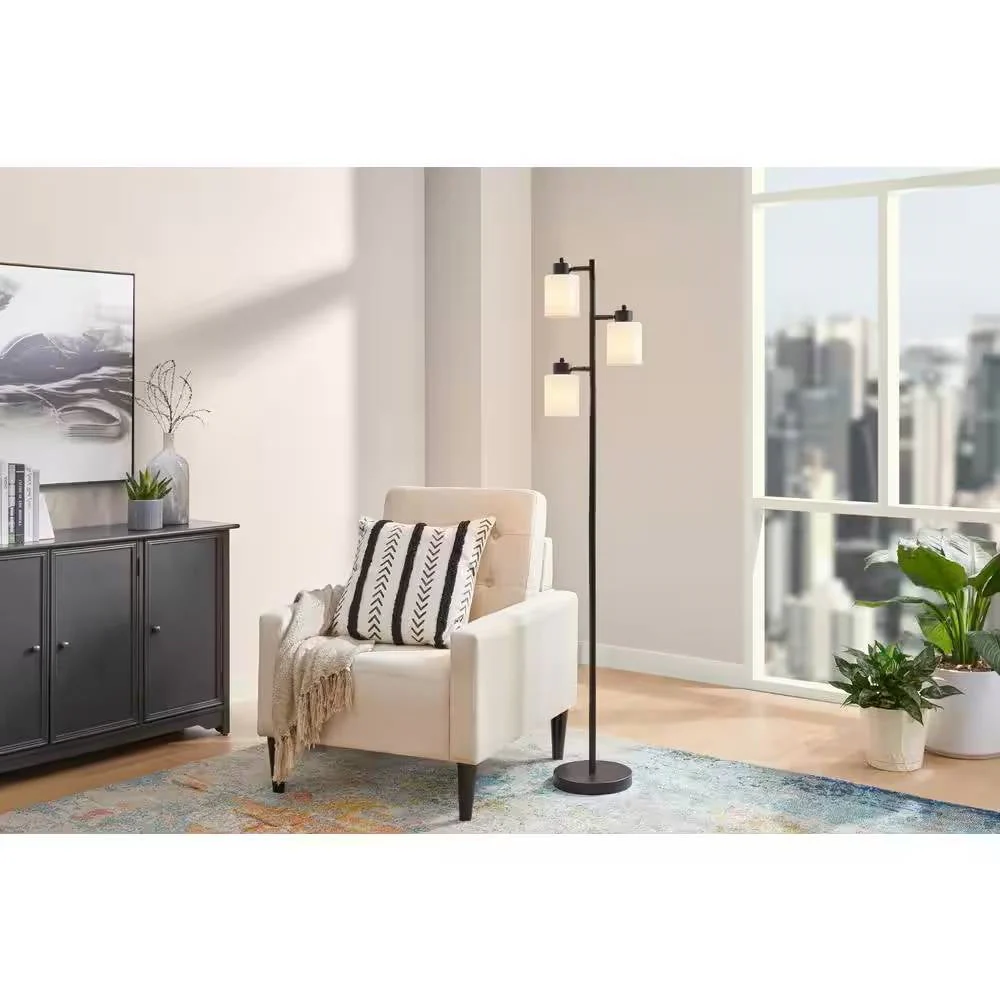 Modern 3-Light Floor Lamp in Black Metal Finish with White Plastic Shades - Image 2
