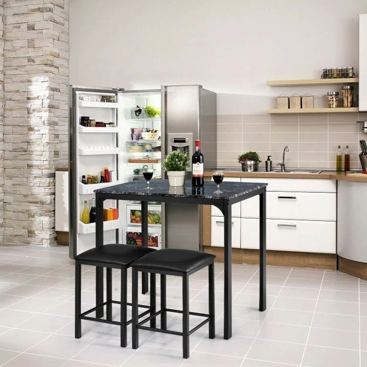 Modern 3-Piece Dining Set Black Faux Marble Table-Top and 2 Black Chairs Stools - Image 2