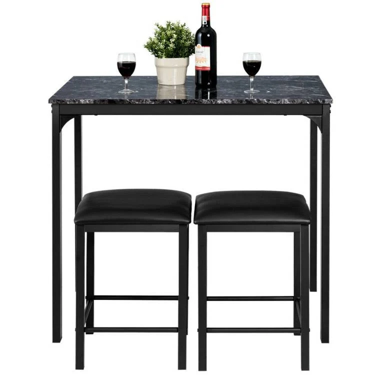 Modern 3-Piece Dining Set Black Faux Marble Table-Top and 2 Black Chairs Stools - Image 3
