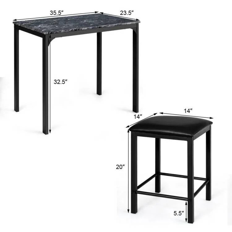 Modern 3-Piece Dining Set Black Faux Marble Table-Top and 2 Black Chairs Stools - Image 4