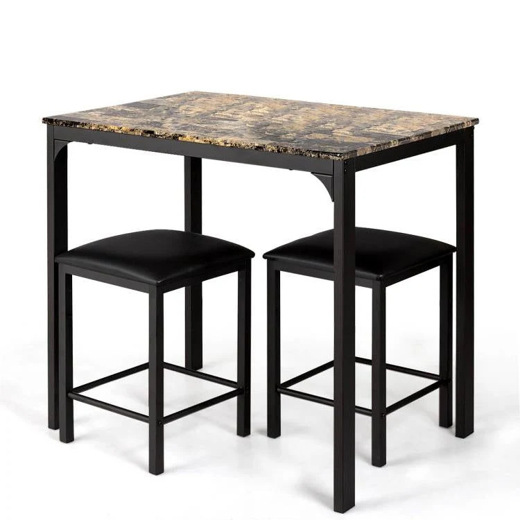 Modern 3-Piece Dining Set Brown Faux Marble Table-Top and 2 Black Chairs Stools - Image 2