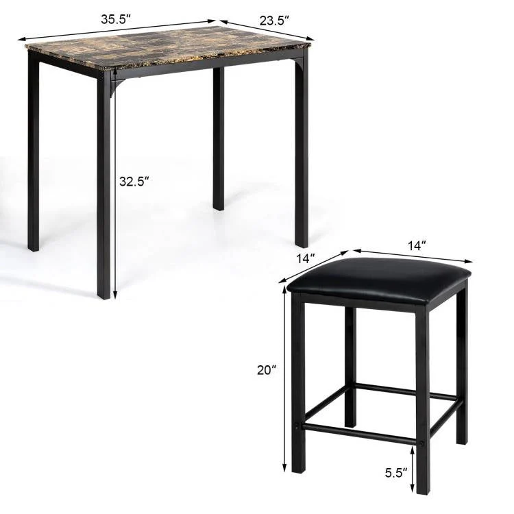 Modern 3-Piece Dining Set Brown Faux Marble Table-Top and 2 Black Chairs Stools - Image 5