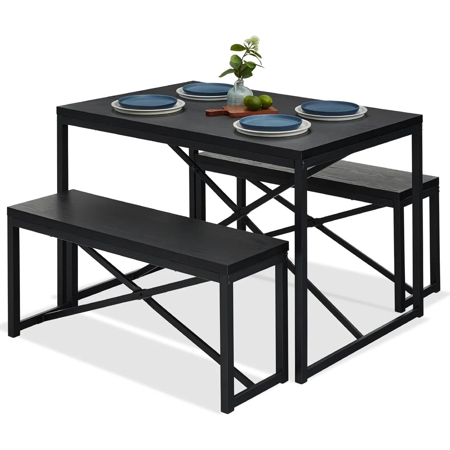 Modern 3-Piece Dining Set - Metal Frame Black Wood Top Table and 2 Bench Chairs - Image 2