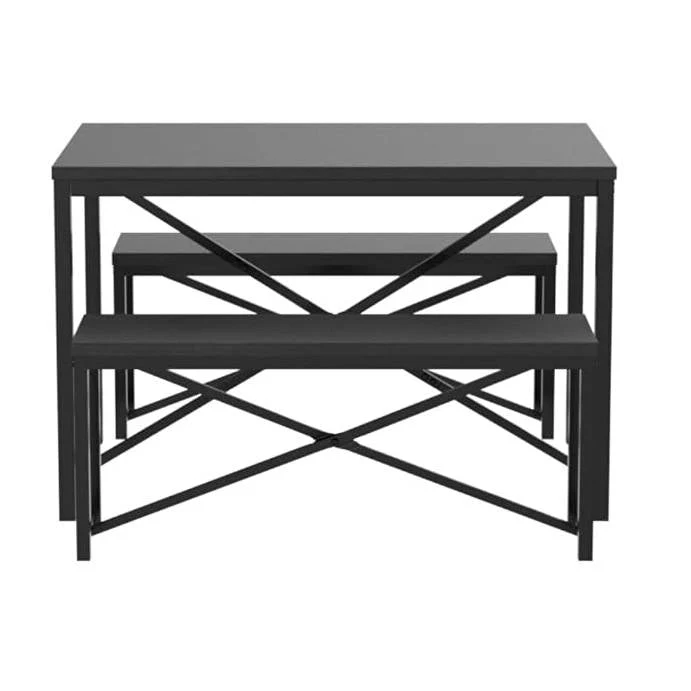 Modern 3-Piece Dining Set - Metal Frame Black Wood Top Table and 2 Bench Chairs - Image 3
