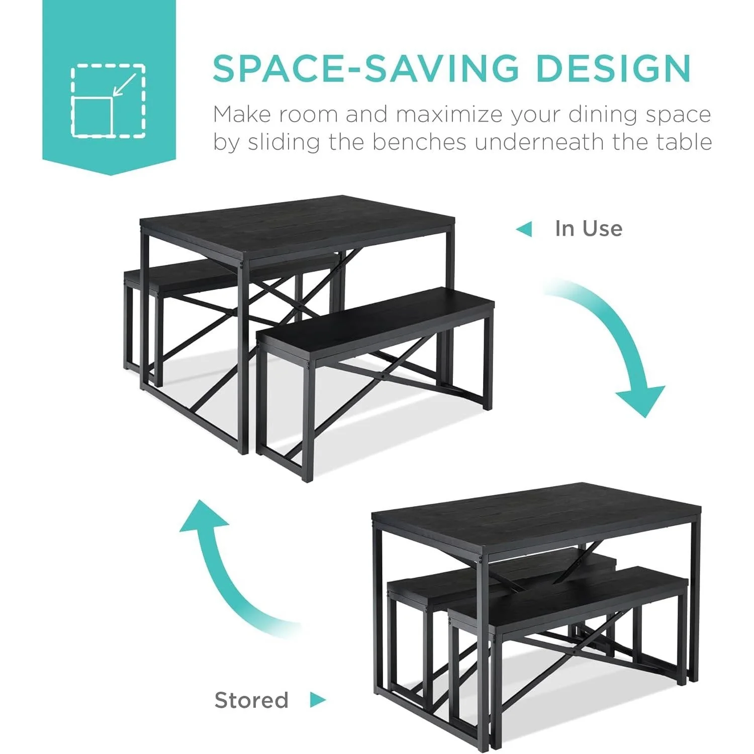 Modern 3-Piece Dining Set - Metal Frame Black Wood Top Table and 2 Bench Chairs - Image 4