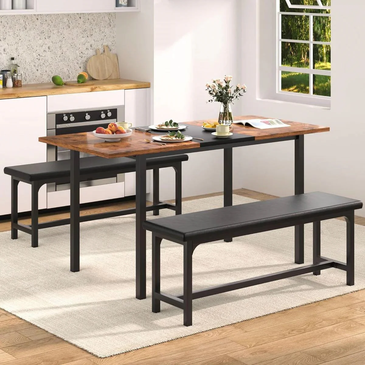 Modern 3-Piece Dining Set with Expandable Kitchen Table and 2 Backless Benches - Image 2