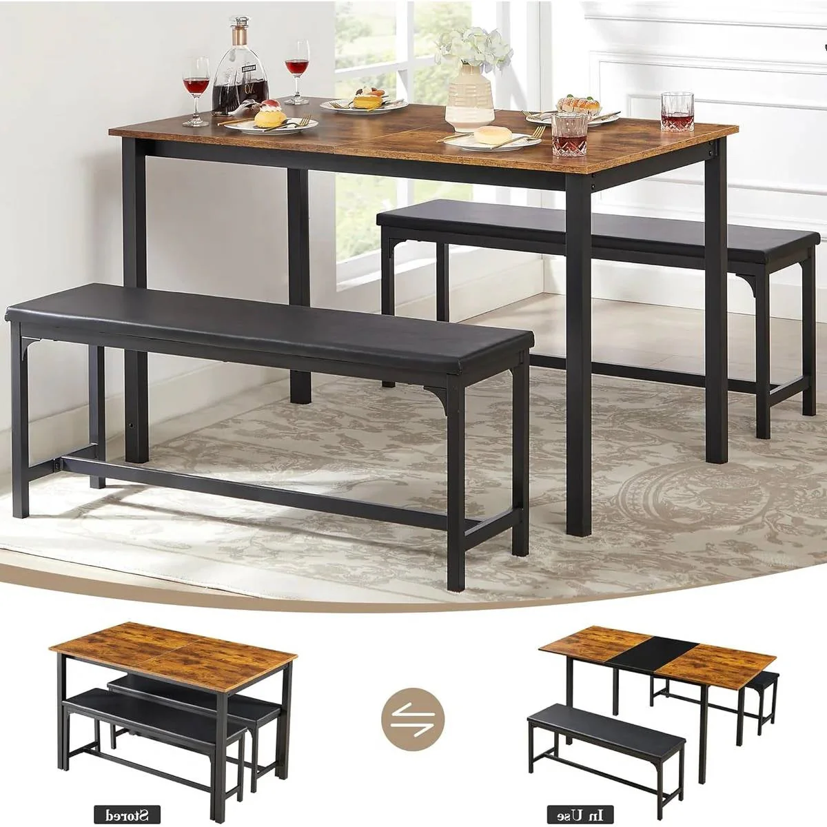 Modern 3-Piece Dining Set with Expandable Kitchen Table and 2 Backless Benches - Image 3