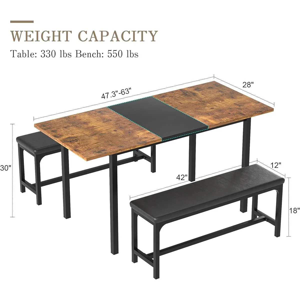 Modern 3-Piece Dining Set with Expandable Kitchen Table and 2 Backless Benches - Image 5