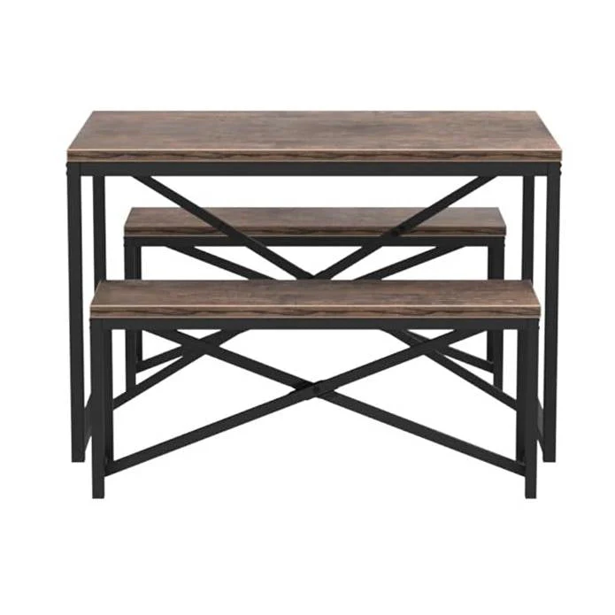 Modern 3-Piece Dining Set with Wood Top Metal Frame Table and 2 Bench Chairs - Image 2