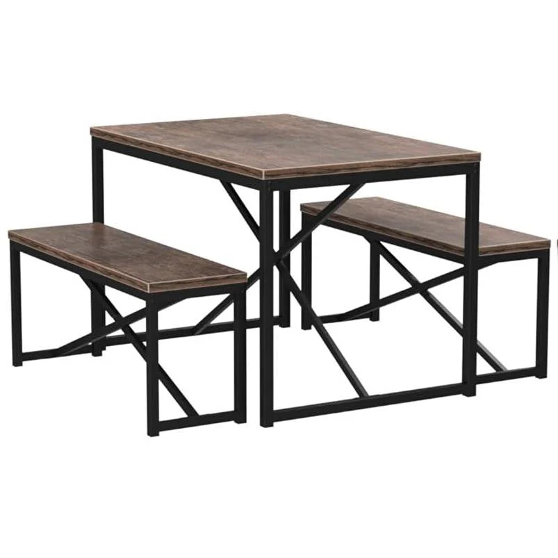 Modern 3-Piece Dining Set with Wood Top Metal Frame Table and 2 Bench Chairs - Image 3