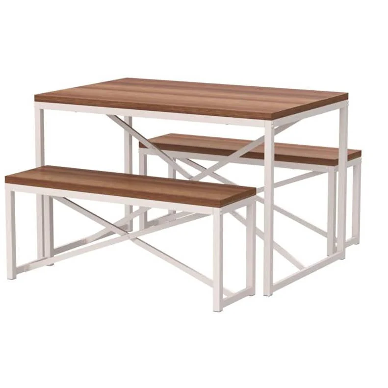 Modern 3-Piece Dining Set Wood Top White Metal Frame Table and 2 Bench Chairs - Image 2