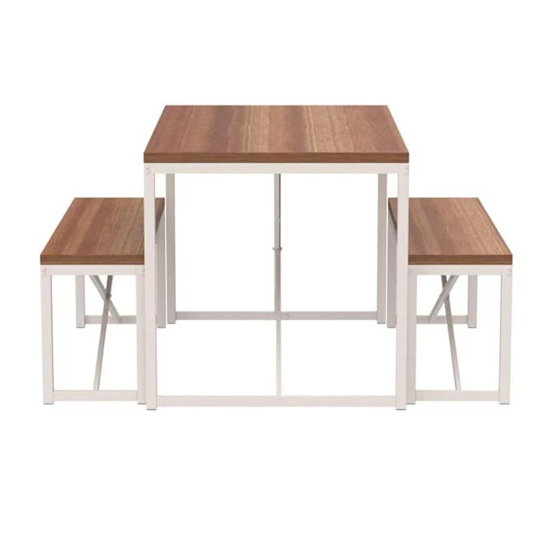 Modern 3-Piece Dining Set Wood Top White Metal Frame Table and 2 Bench Chairs - Image 3