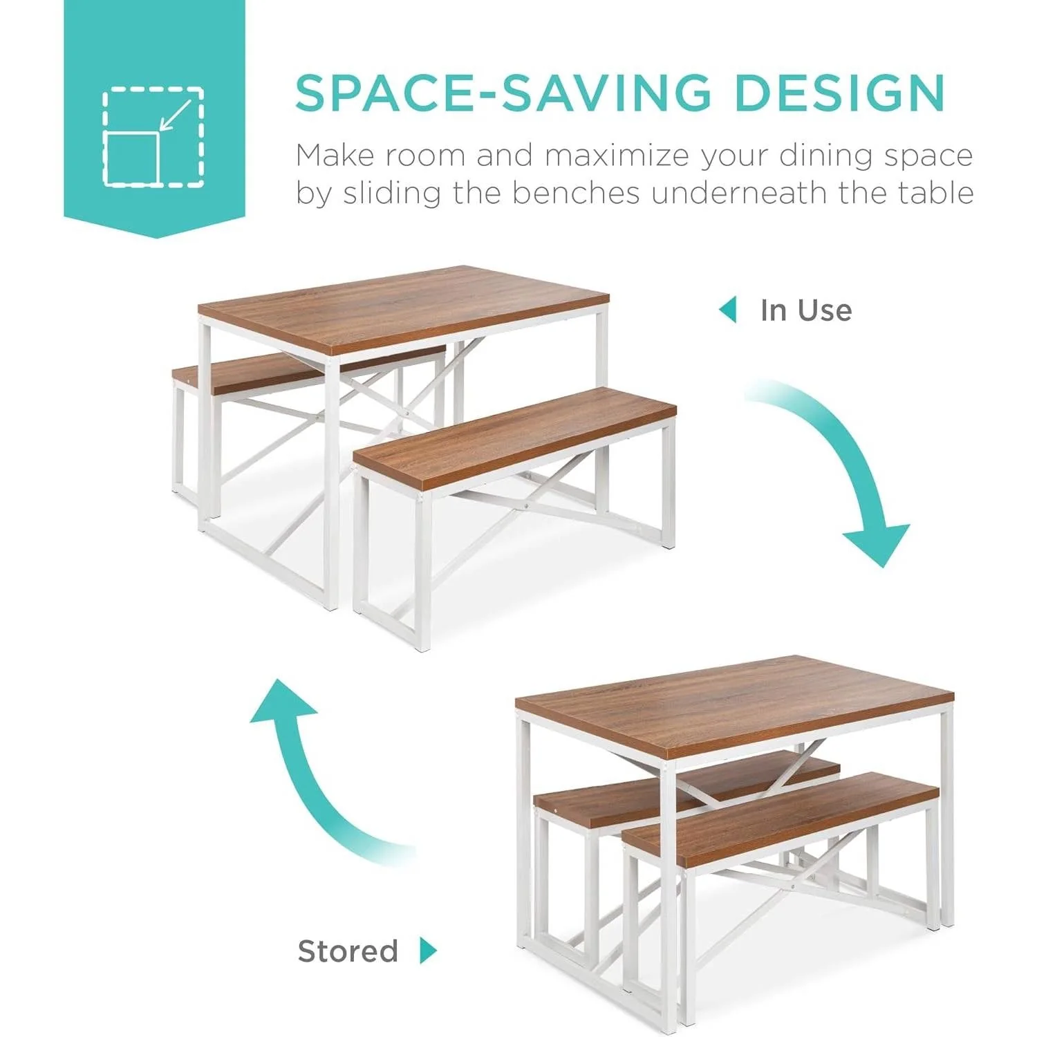 Modern 3-Piece Dining Set Wood Top White Metal Frame Table and 2 Bench Chairs - Image 4